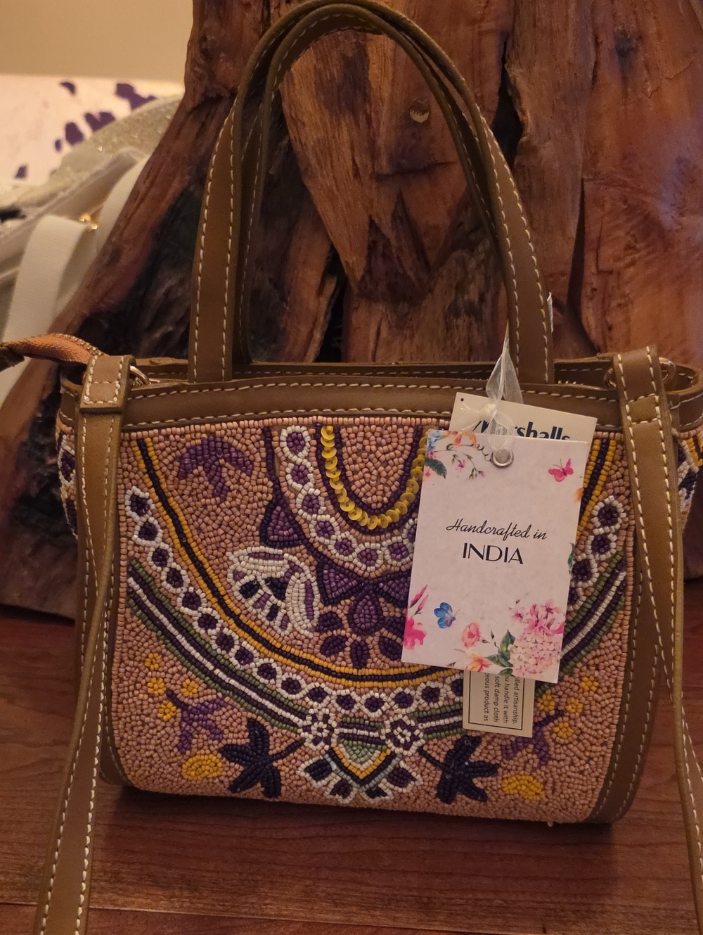 Handcrafted Beaded Small Tote Bag - Purple & Tan